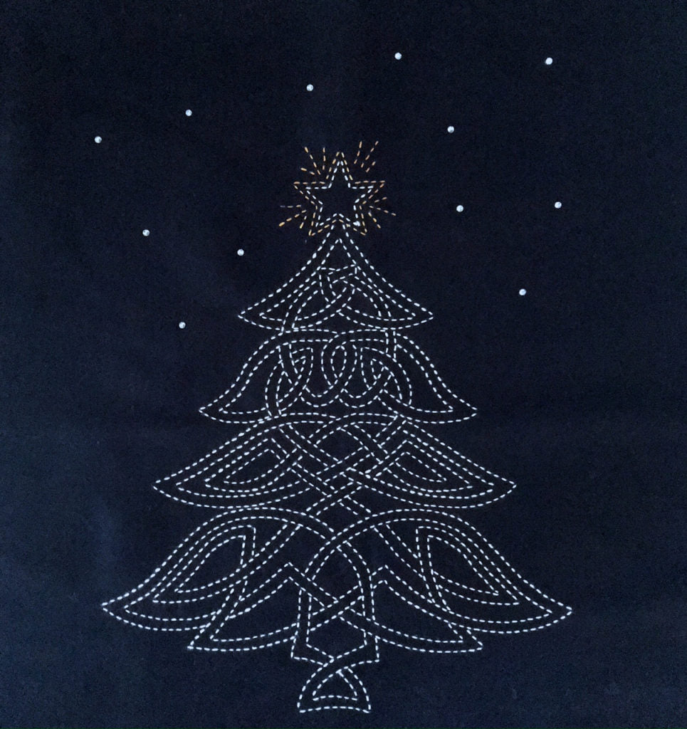 Celtic Christmas Tree Pre-Printed Sashiko Panel Indigo