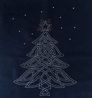 Celtic Christmas Tree Pre-Printed Sashiko Panel Indigo