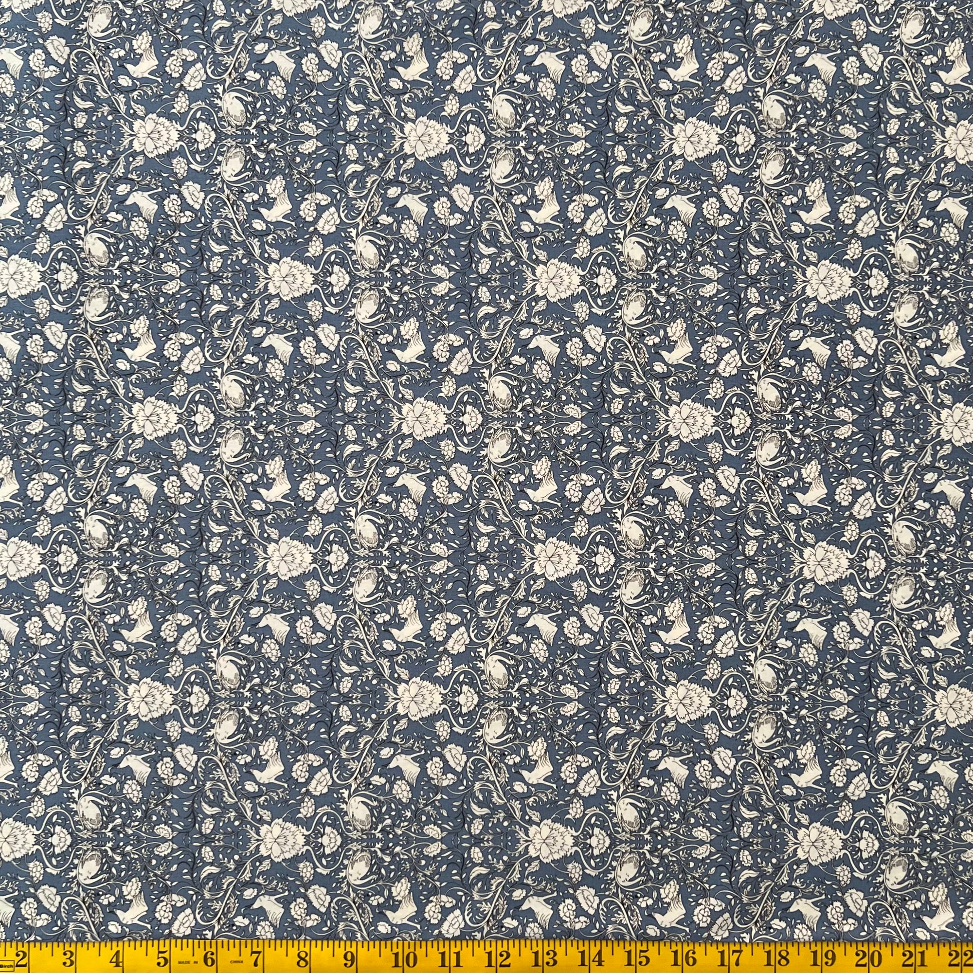 Swans & Florals Steel Blue - Cotton Fabric - $32 Per Metre