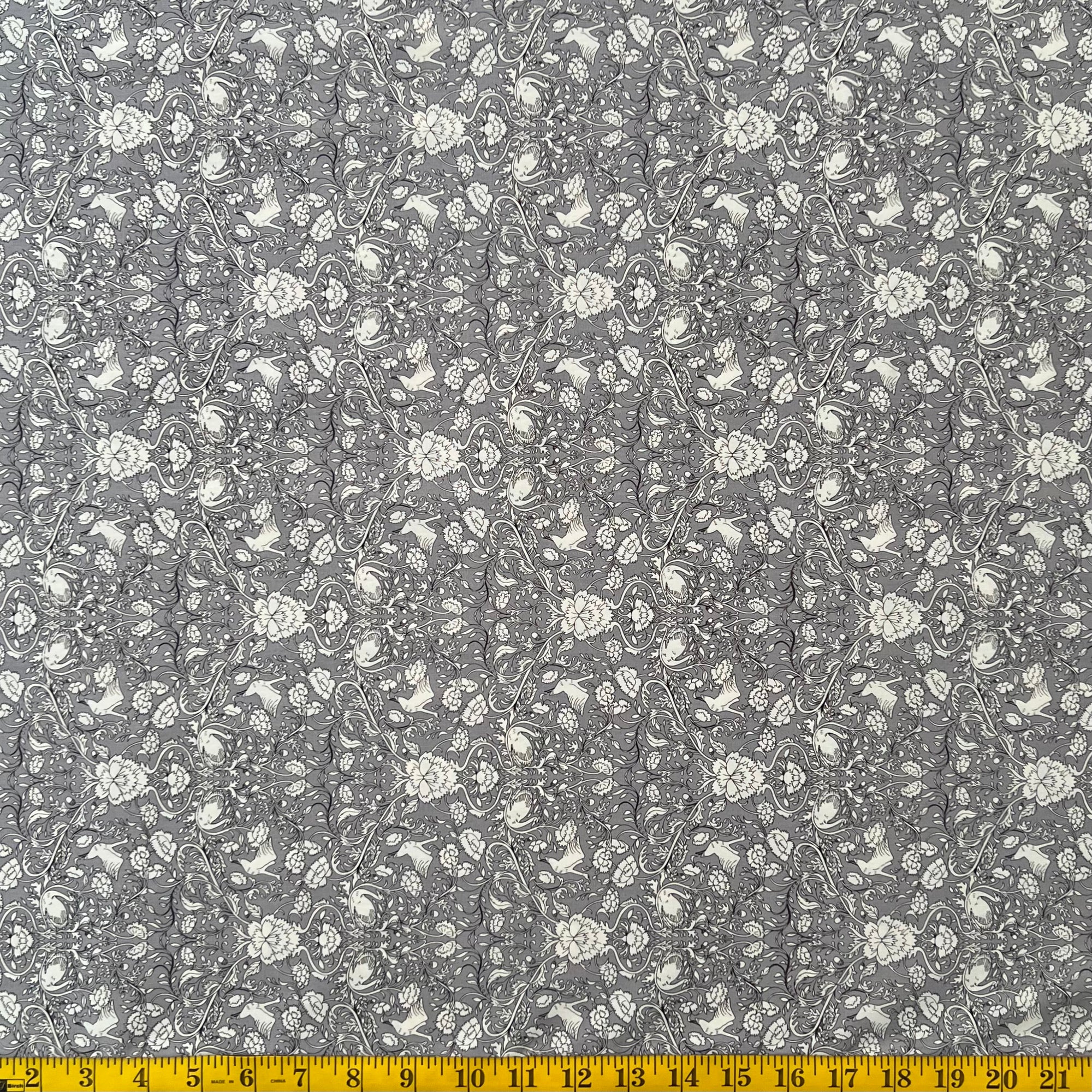 Swans & Florals Grey - Cotton Fabric - $32 Per Metre