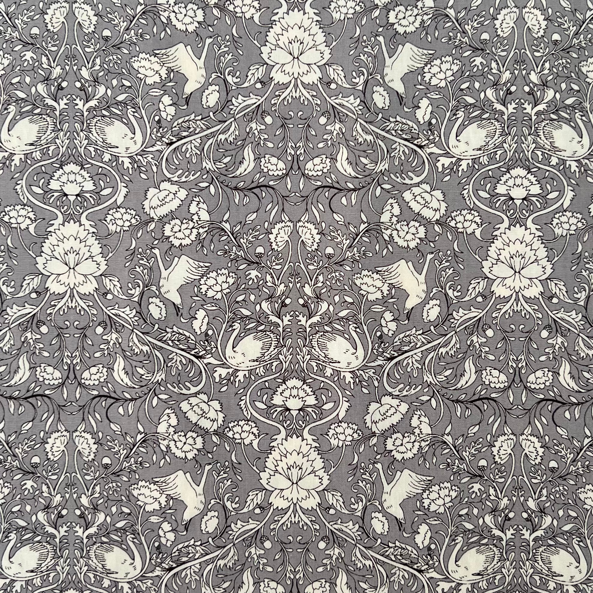 Swans & Florals Grey - Cotton Fabric - $32 Per Metre