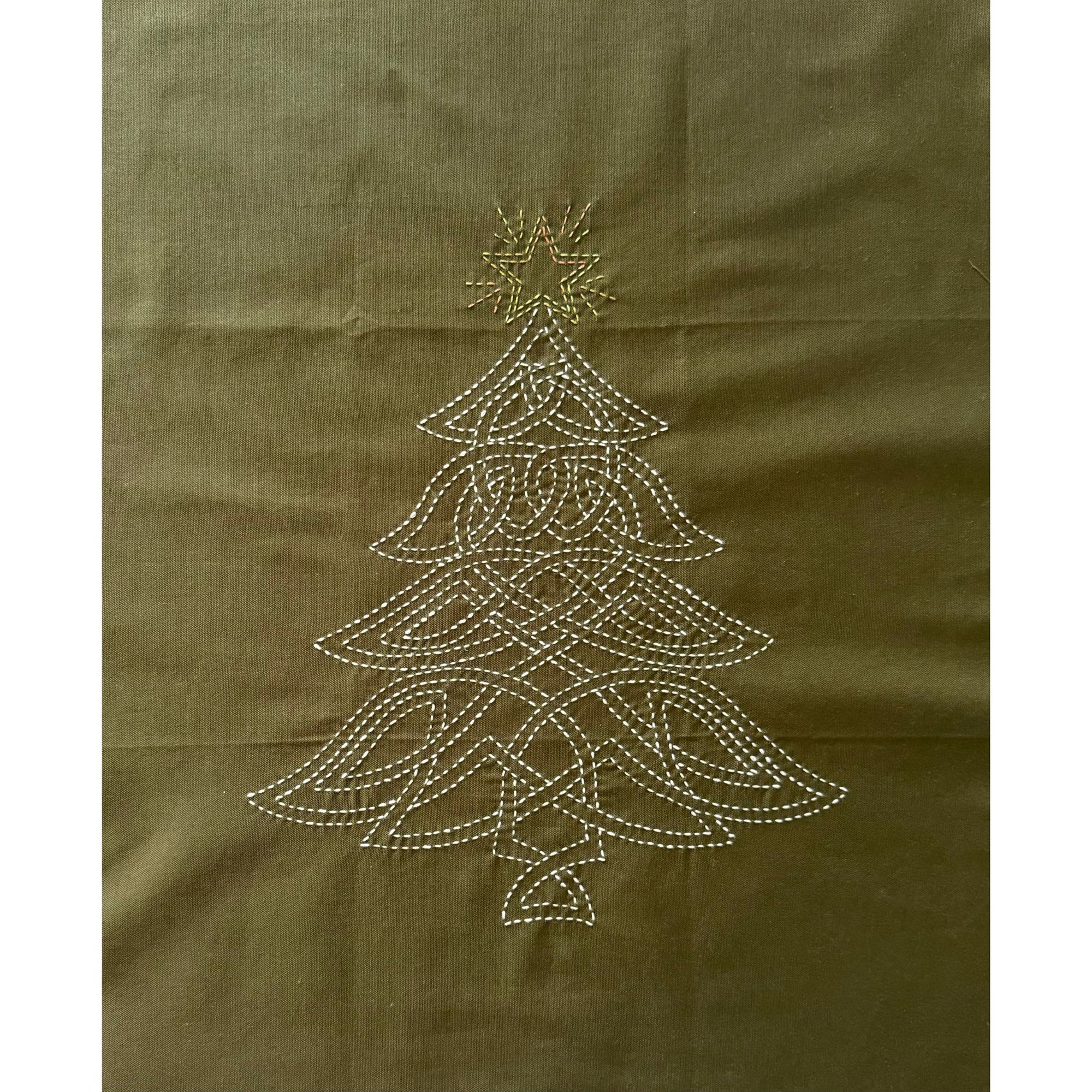 Celtic Christmas Tree Pre-Printed Sashiko Panel Sage Green