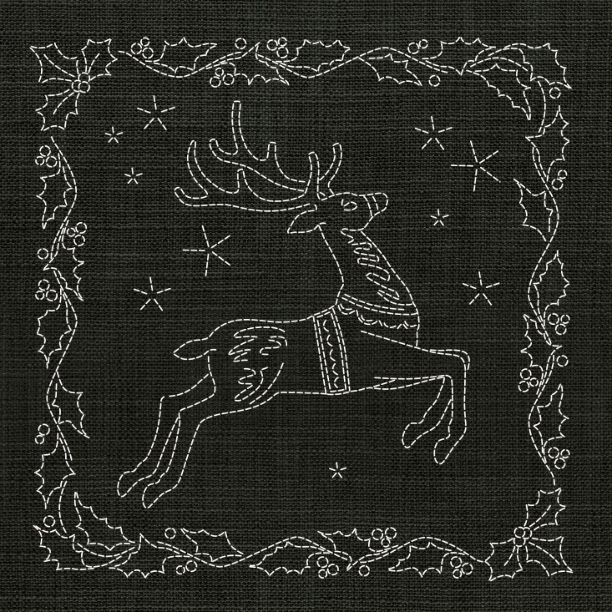 Christmas Reindeer Pre-Printed Sashiko Panel Forest Green