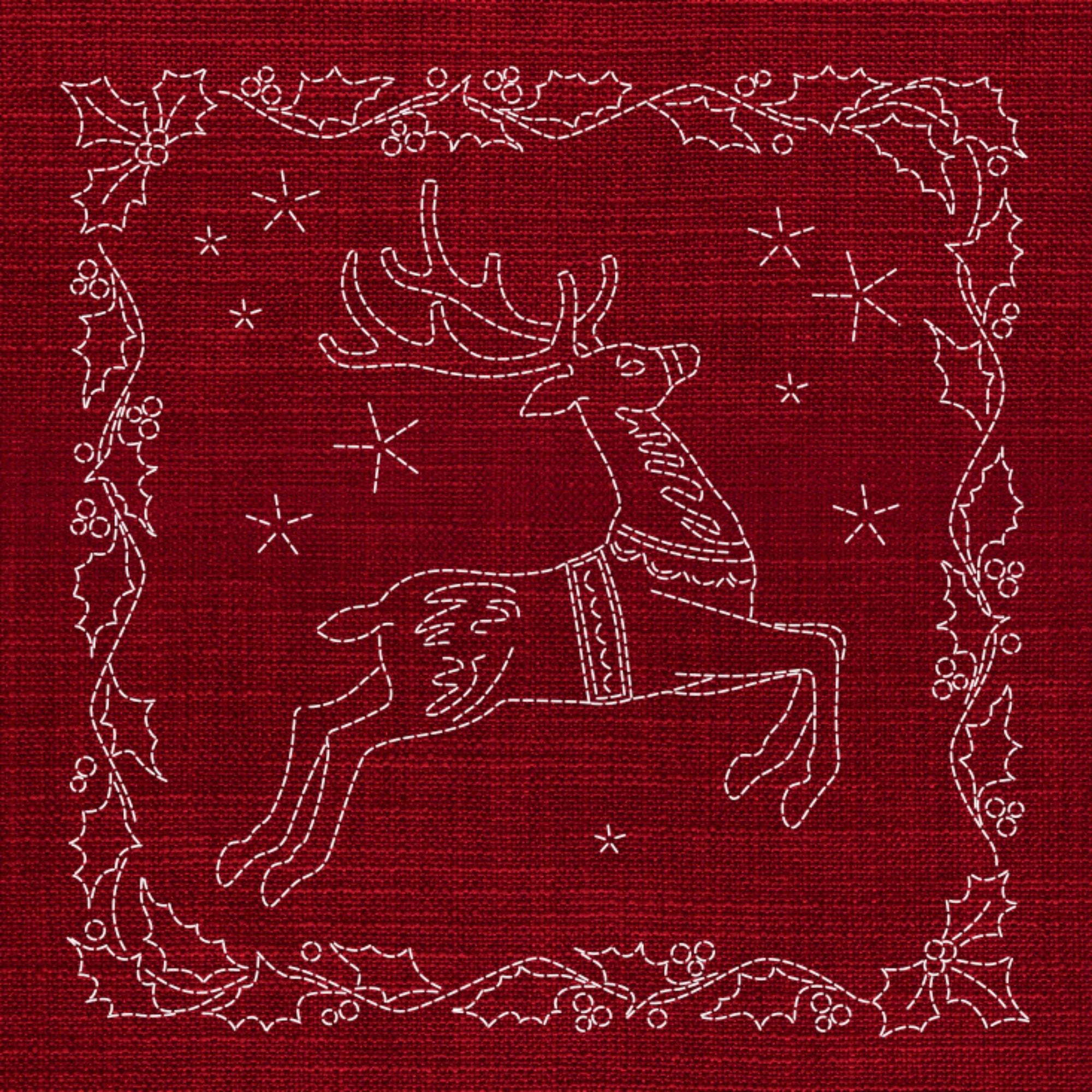 Christmas Reindeer Pre-Printed Sashiko Panel Cherry Red