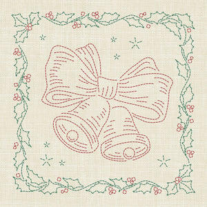 Christmas Holly & Bells Pre-Printed Sashiko Panel Seeded Cream