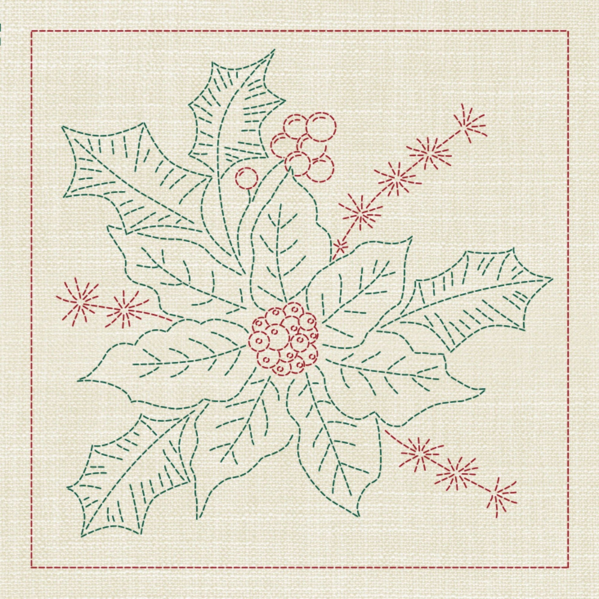 Christmas Poinsettia Pre-Printed Sashiko Panel Seeded Cream