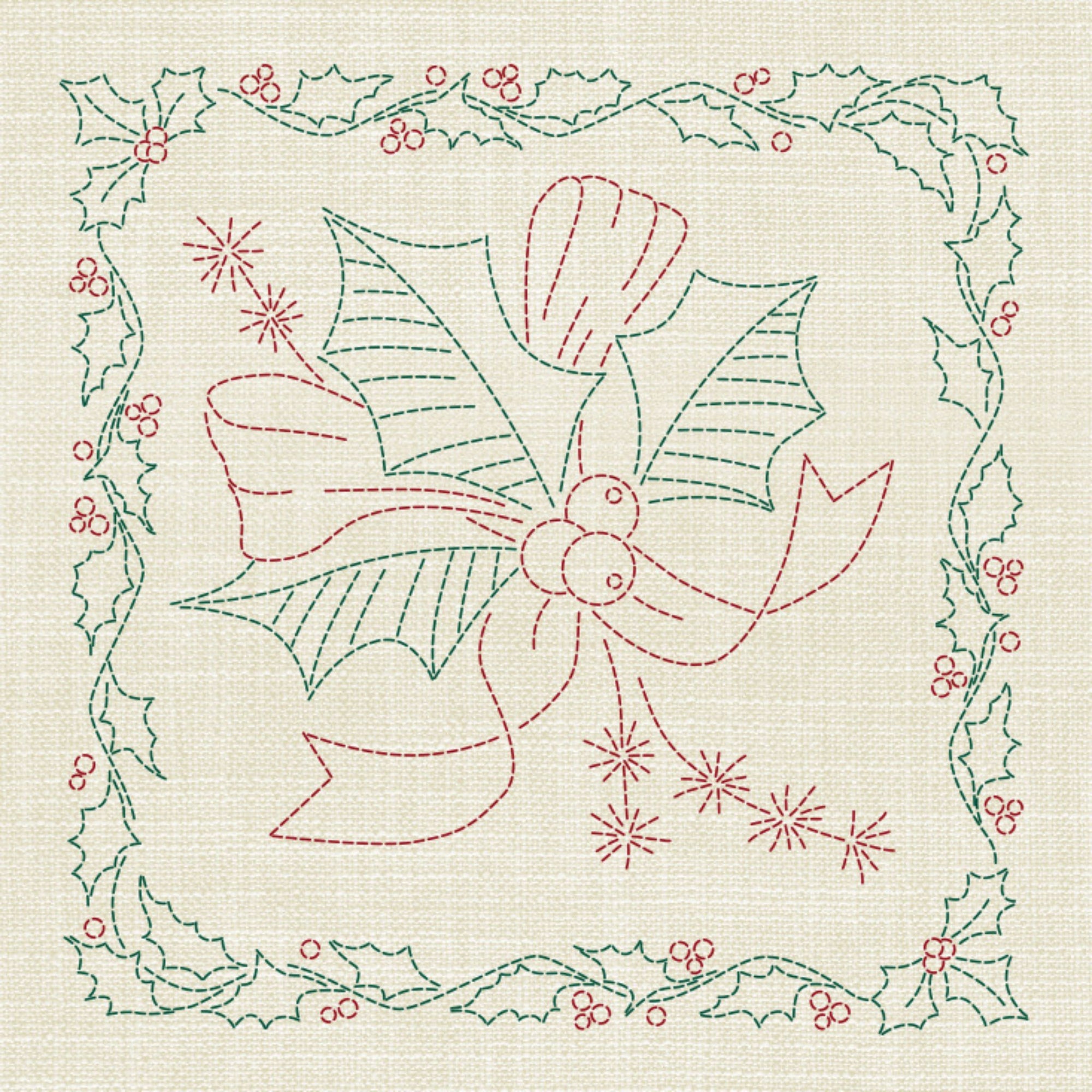 Christmas Holly & Bow Pre-Printed Sashiko Panel Seeded Cream