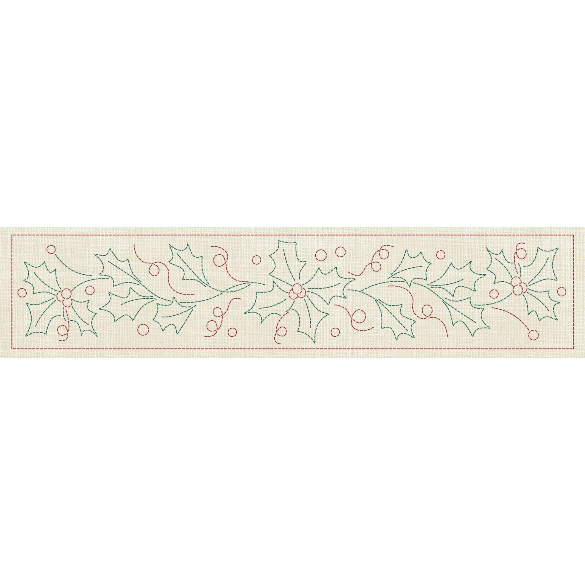 Christmas Holly & Berries Long Pre-Printed Sashiko Panel Seeded Cream