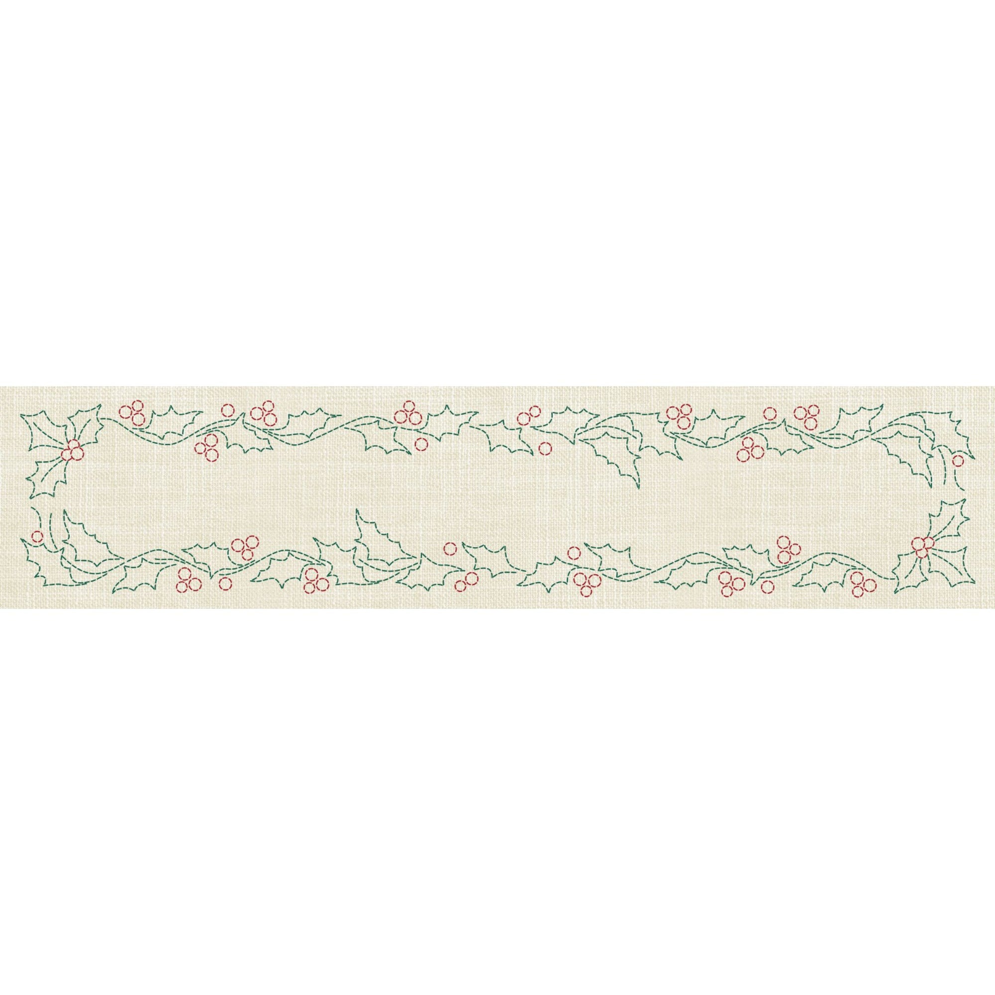 Christmas Holly Long Pre-Printed Sashiko Panel Seeded Cream