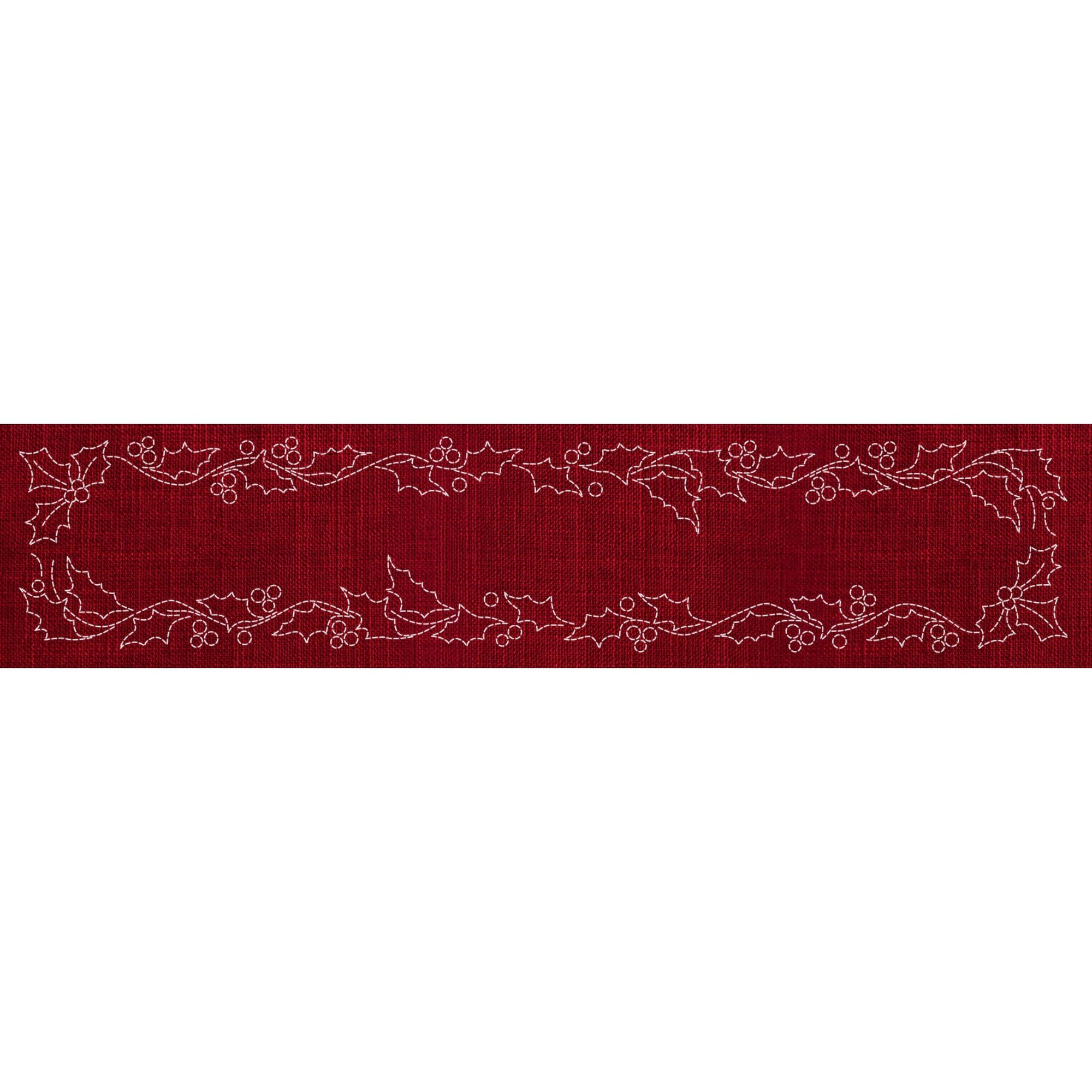 Christmas Holly Long Pre-Printed Sashiko Panel Cherry Red