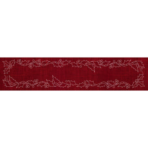 Christmas Holly Long Pre-Printed Sashiko Panel Cherry Red