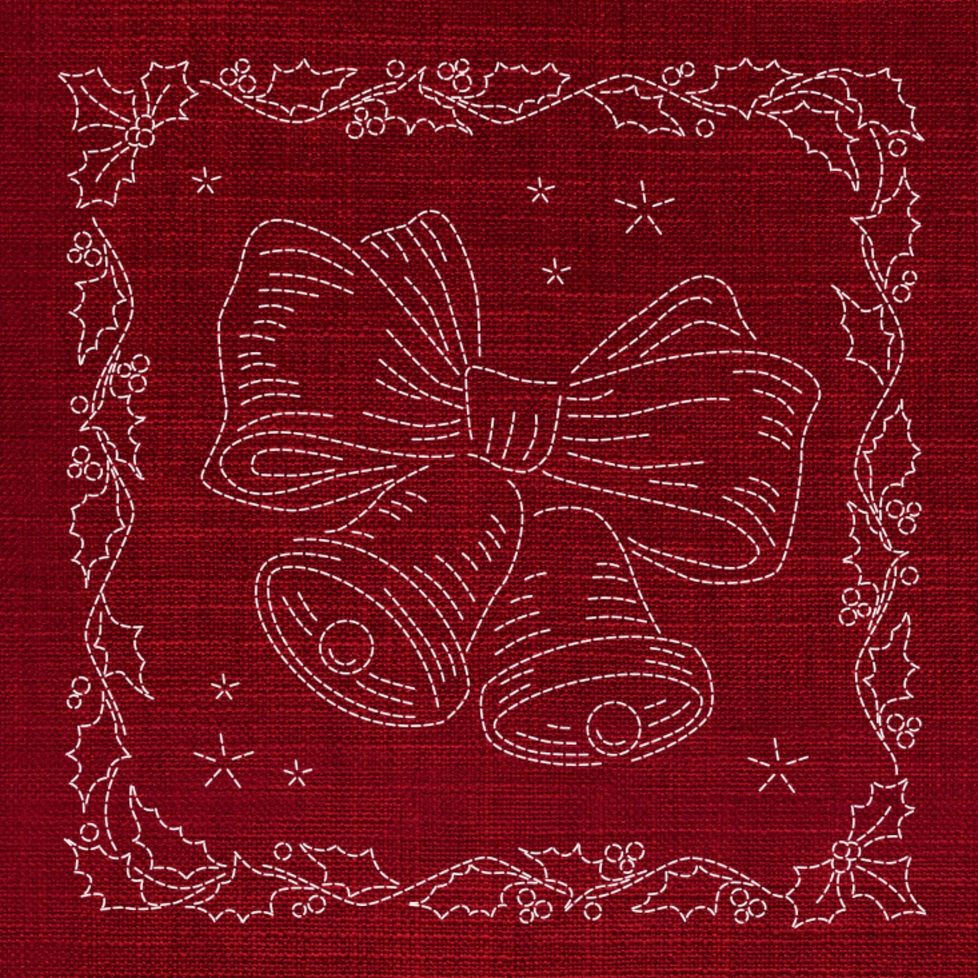 Christmas Holly & Bells Pre-Printed Sashiko Panel Cherry Red