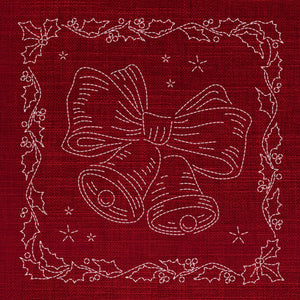 Christmas Holly & Bells Pre-Printed Sashiko Panel Cherry Red