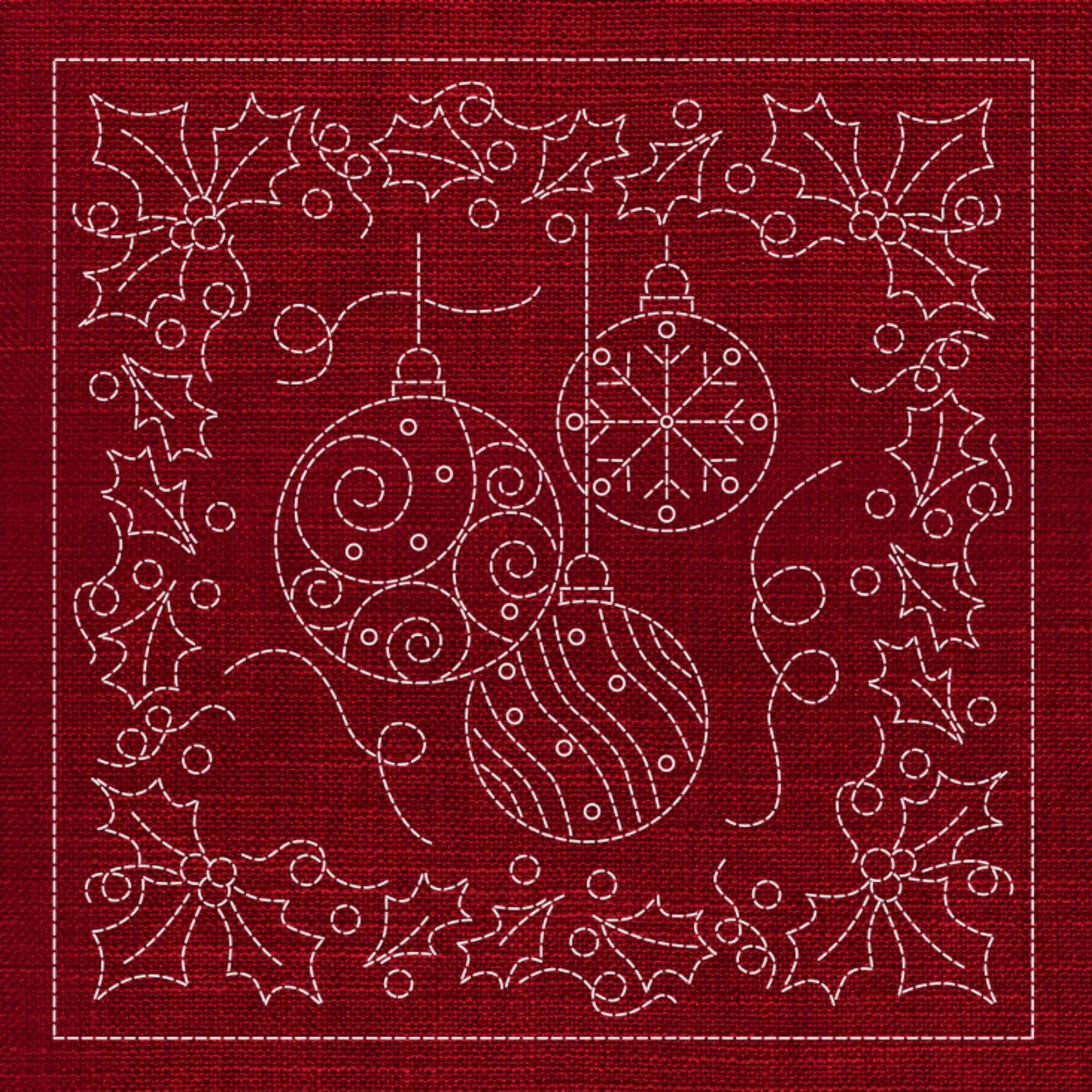 Christmas Baubles Pre-Printed Sashiko Panel Cherry Red