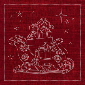 Christmas Sleigh Pre-Printed Sashiko Panel Cherry Red