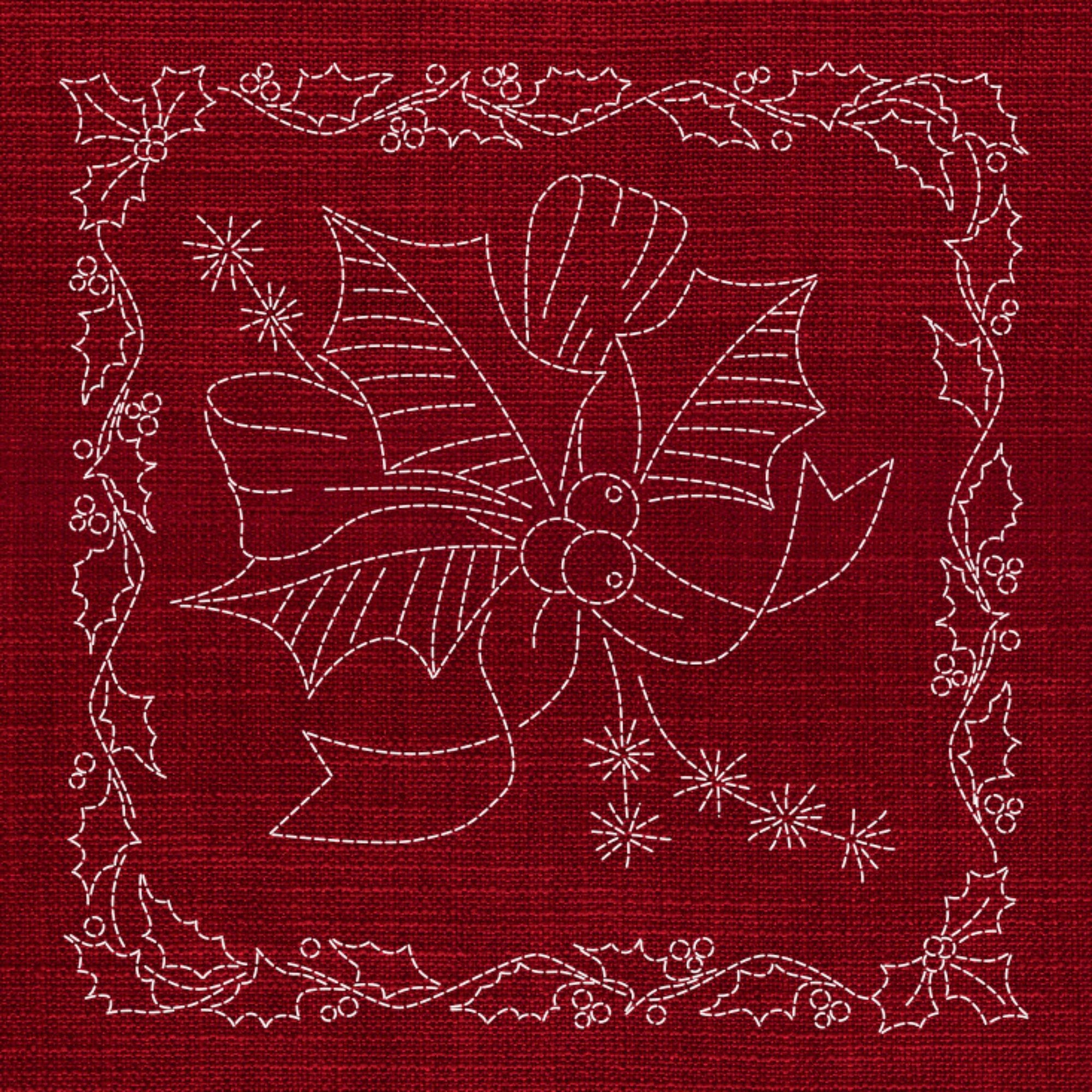 Christmas Holly & Bow Pre-Printed Sashiko Panel Cherry Red