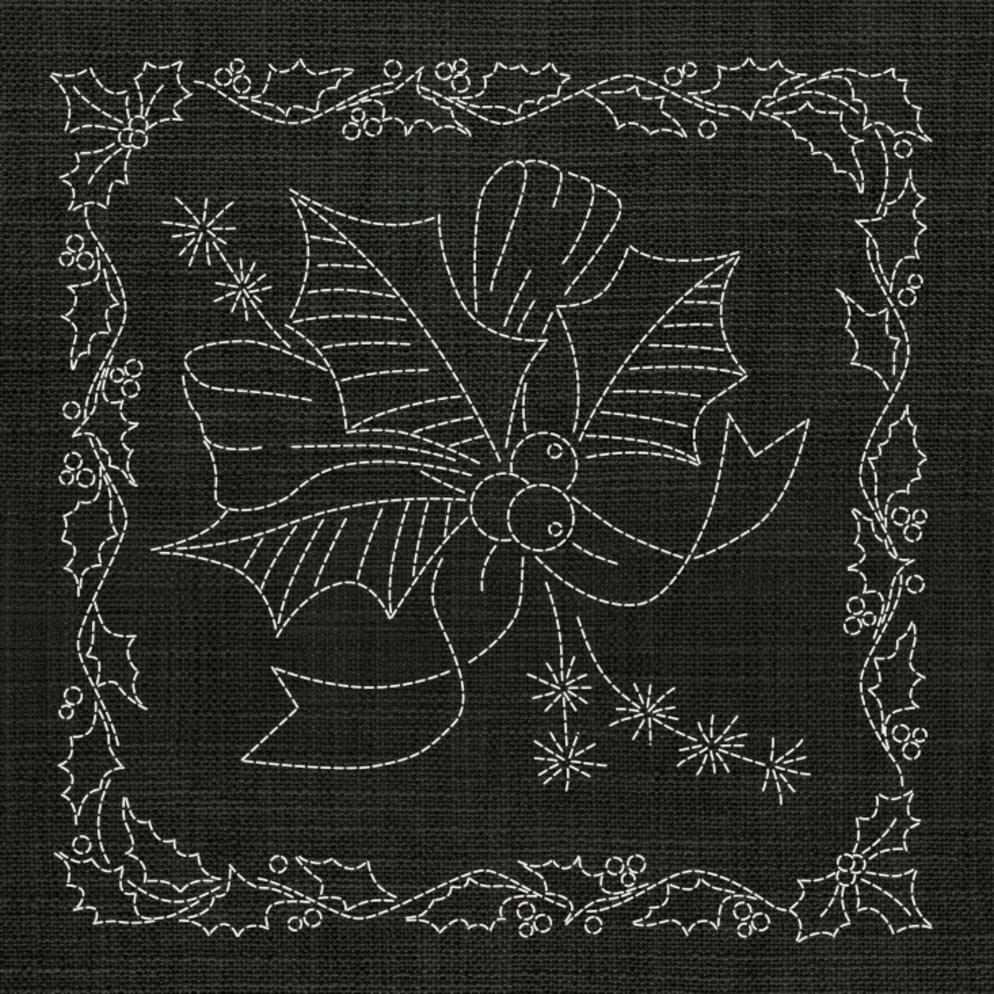 Christmas Holly & Bow Pre-Printed Sashiko Panel Forest Green