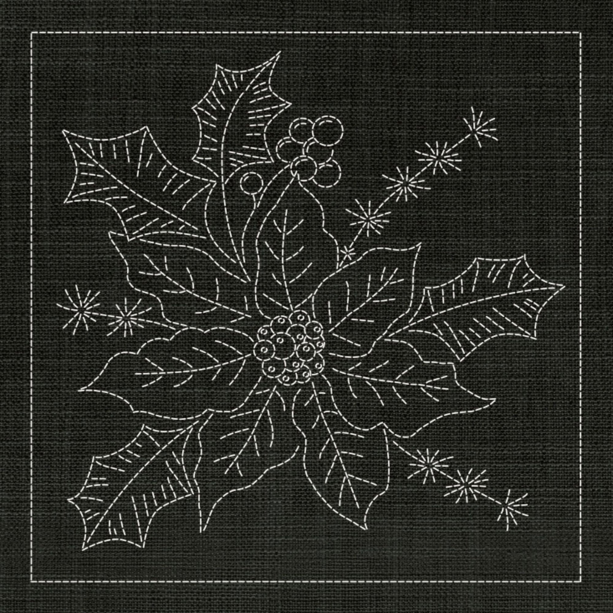 Christmas Poinsettia Pre-Printed Sashiko Panel Forest Green