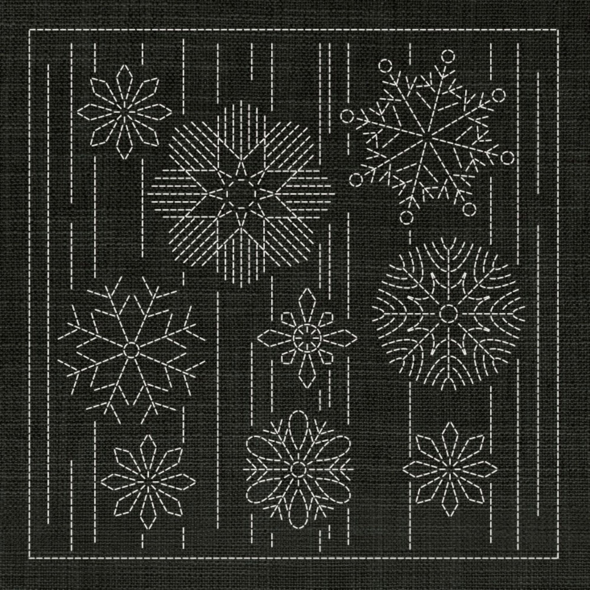 Christmas Snowflakes Pre-Printed Sashiko Panel Forest Green