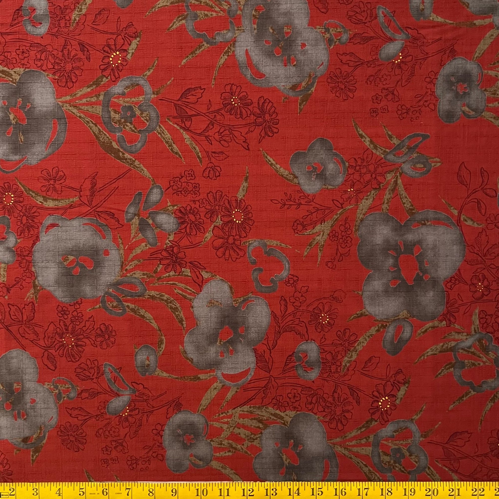 Stamped Florals Burnt Red - Dobby Weave Fabric - $36 Per Metre