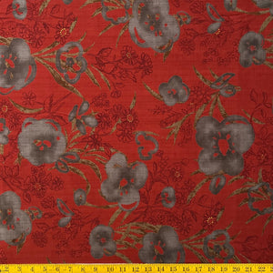 Stamped Florals Burnt Red - Dobby Weave Fabric - $36 Per Metre