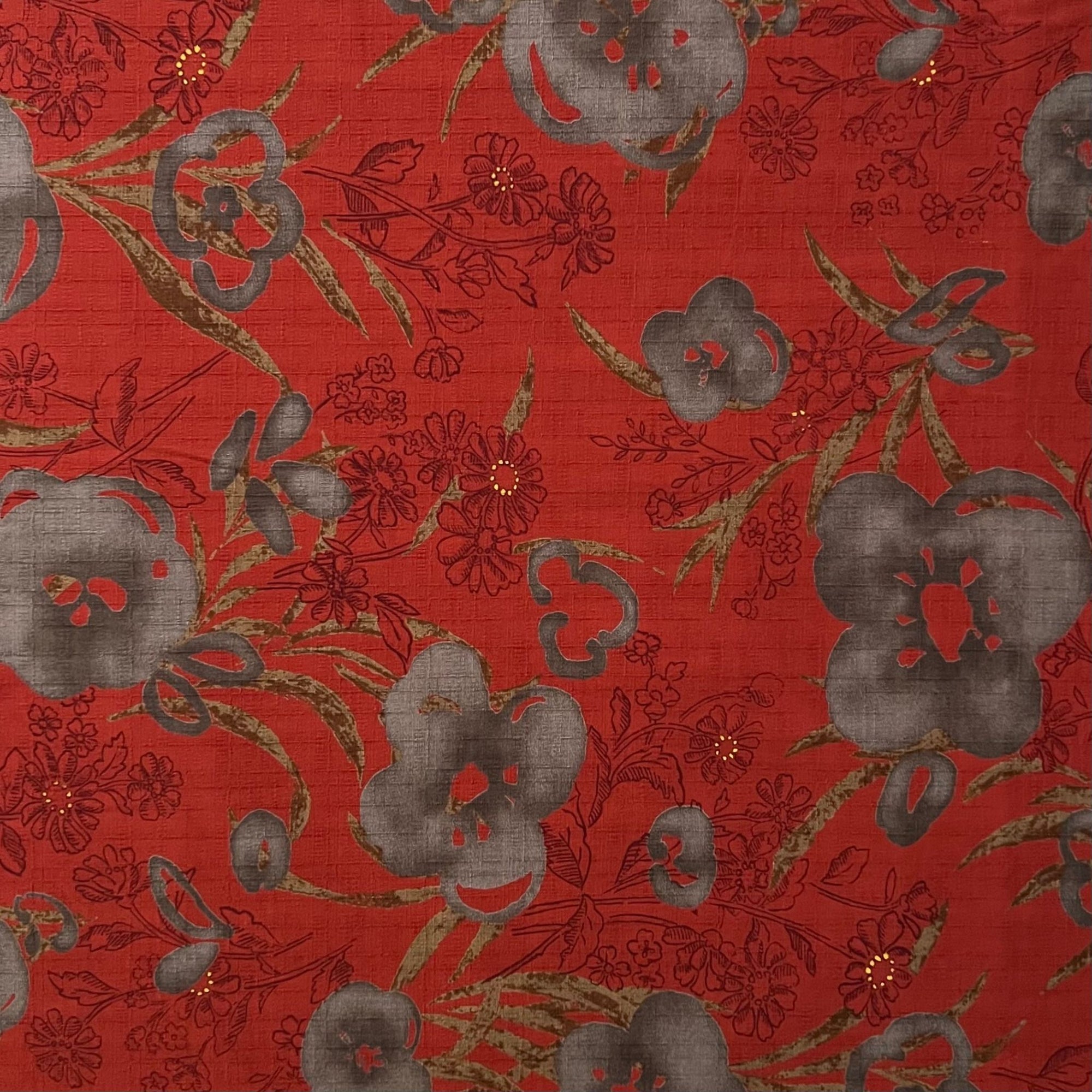 Stamped Florals Burnt Red - Dobby Weave Fabric - $36 Per Metre