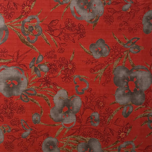 Stamped Florals Burnt Red - Dobby Weave Fabric - $36 Per Metre