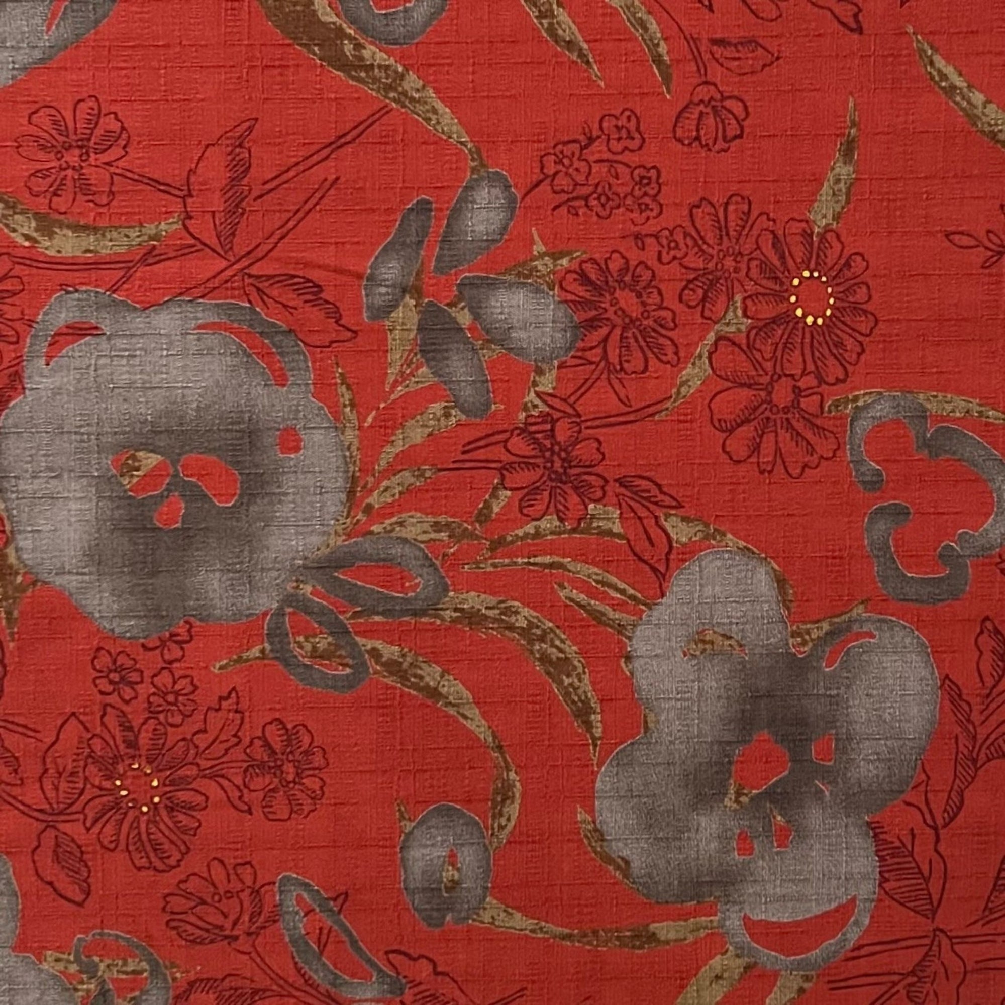 Stamped Florals Burnt Red - Dobby Weave Fabric - $36 Per Metre