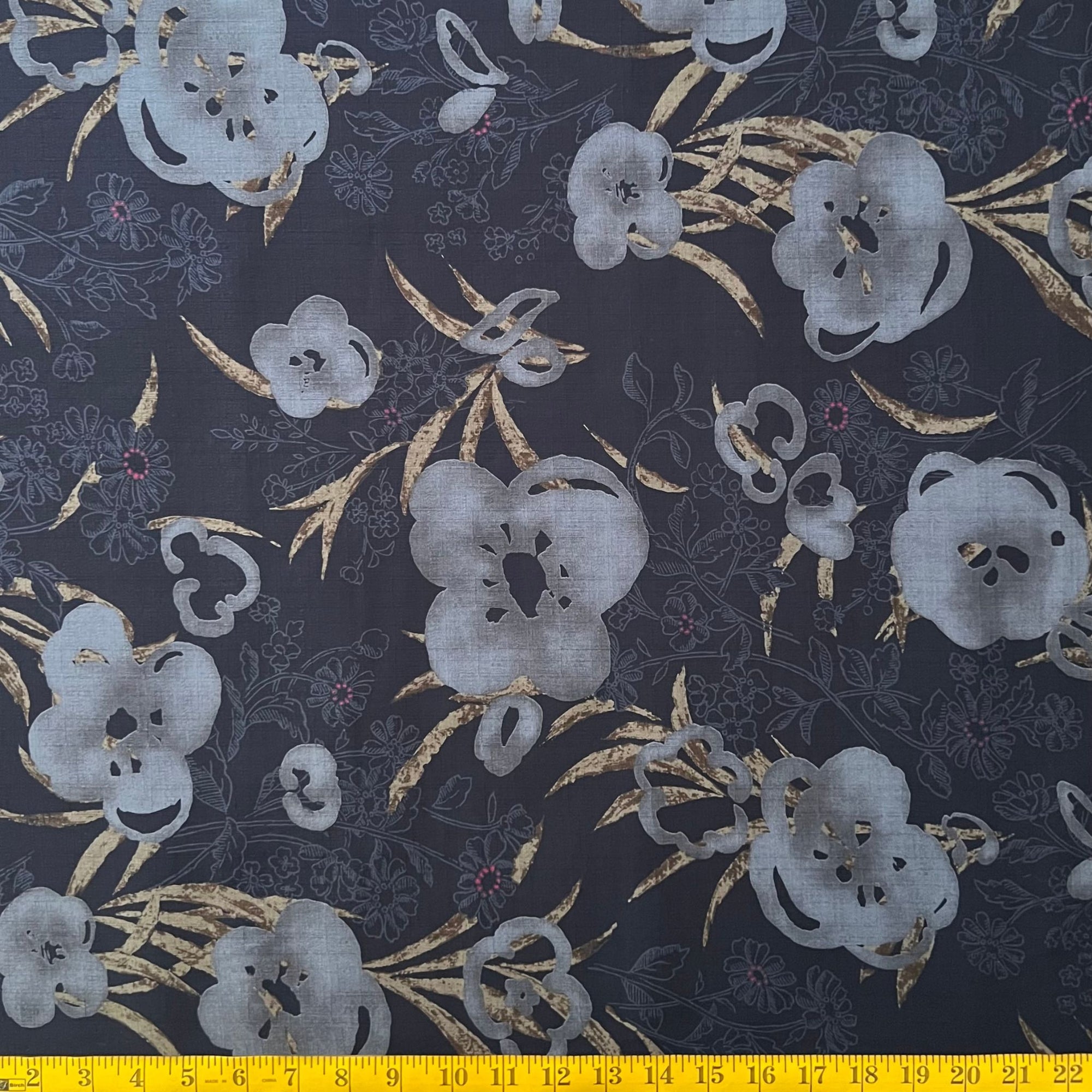 Stamped Florals Indigo - Dobby Weave Fabric - $36 Per Metre