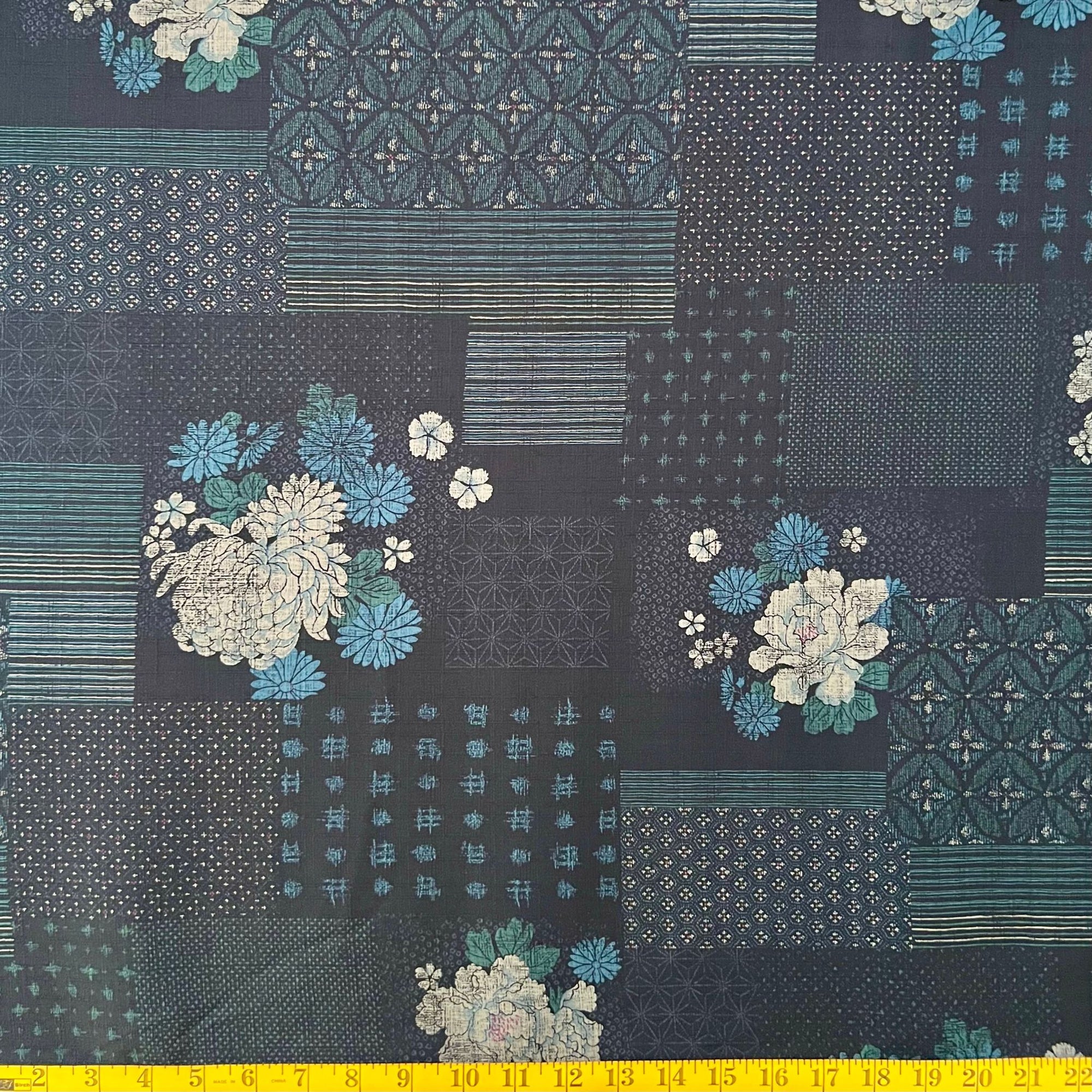 Geometric Florals Indigo - Dobby Weave Fabric - $36 Per Metre