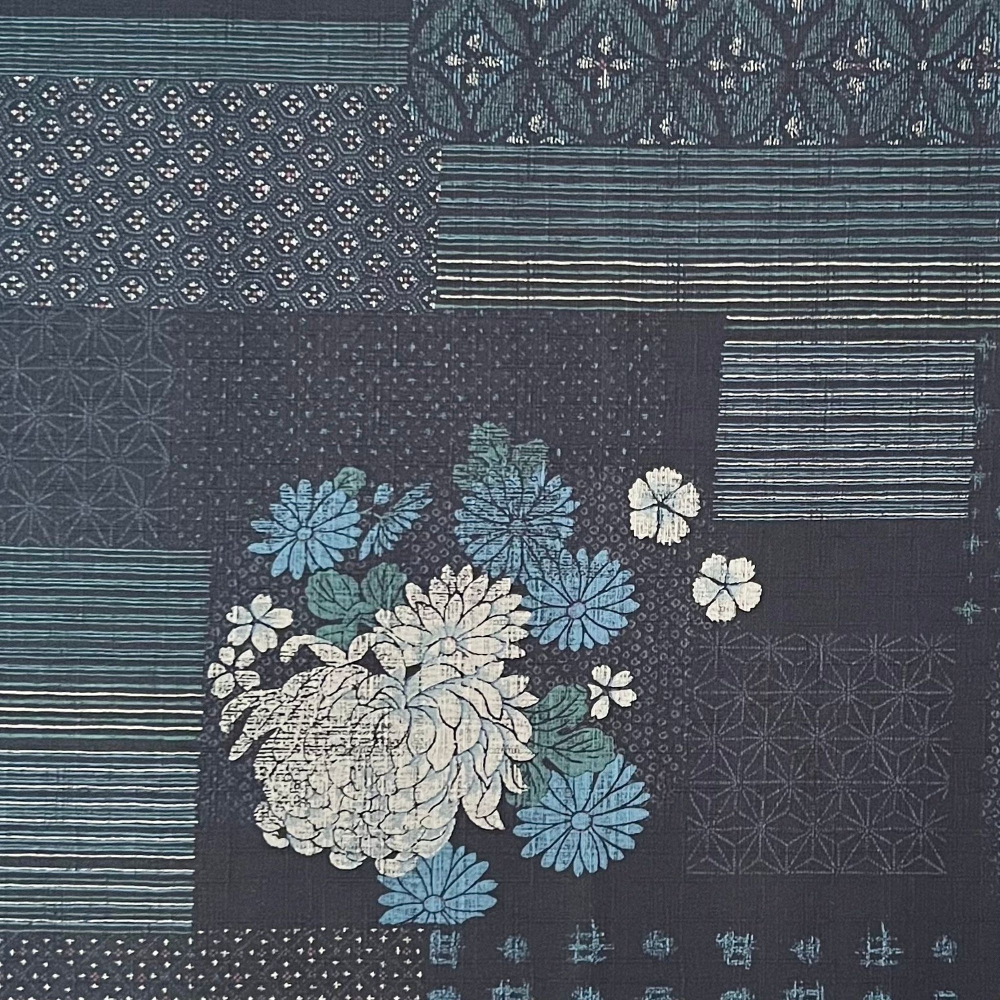 Geometric Florals Indigo - Dobby Weave Fabric - $36 Per Metre