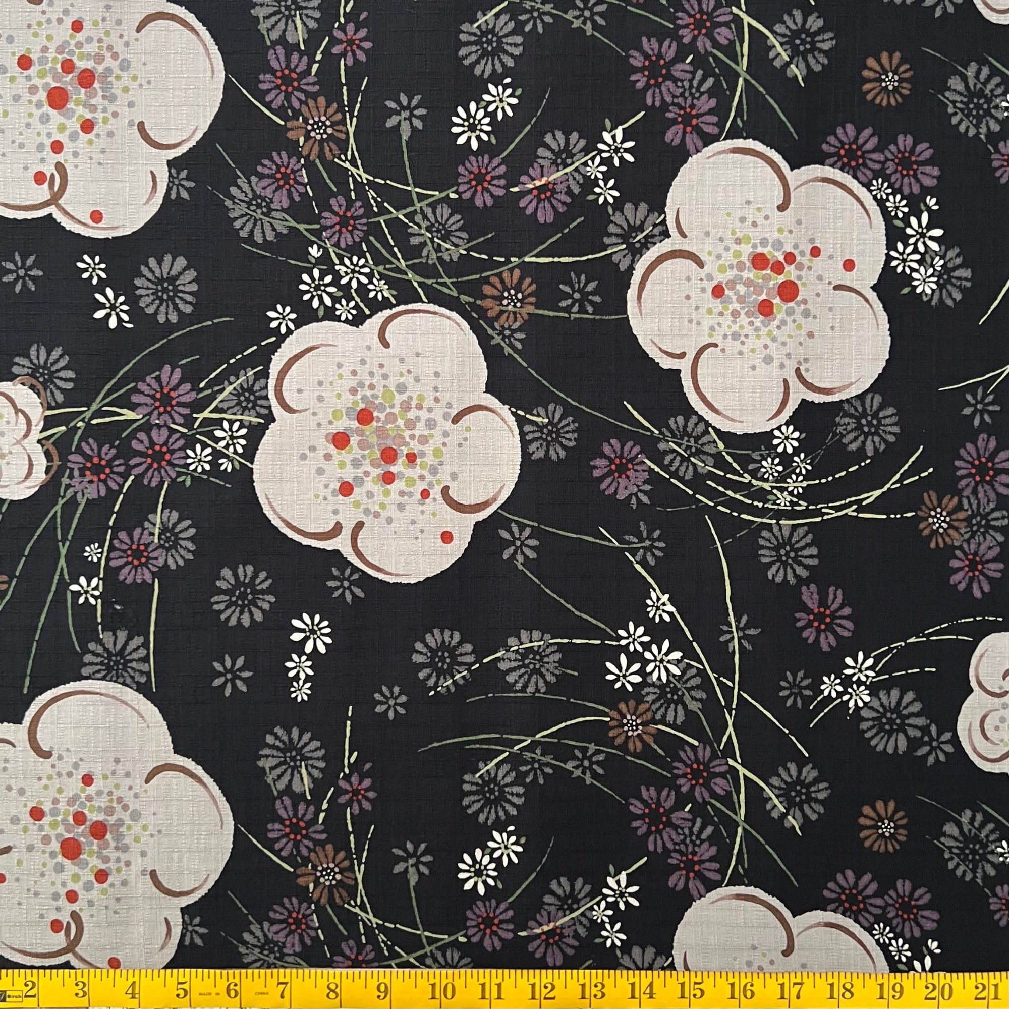 Abstract Florals Black - Dobby Weave Fabric - $36 Per Metre