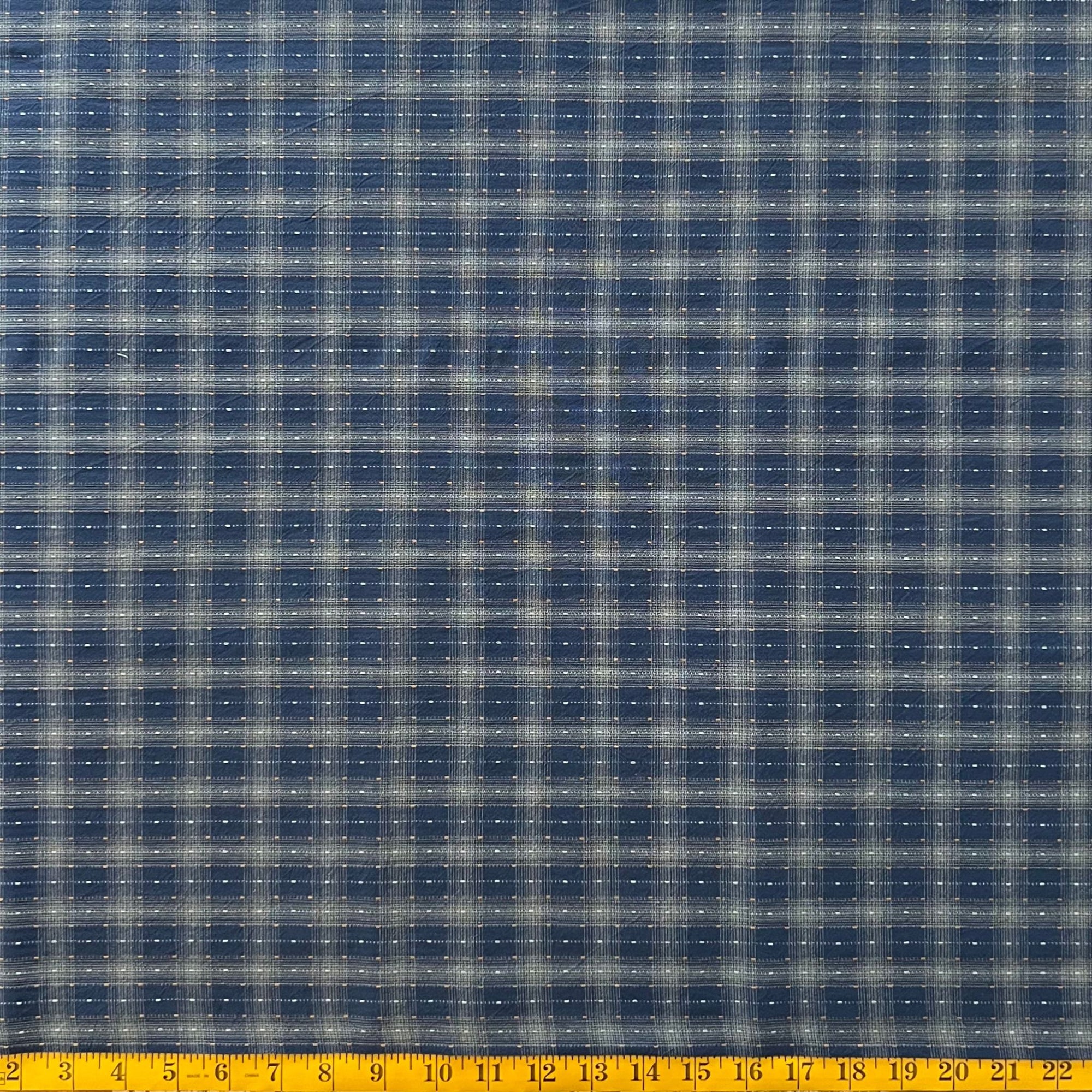 Blue with Orange Stitch Plaid - Yarn-Dyed Fabric - $37 Per Metre