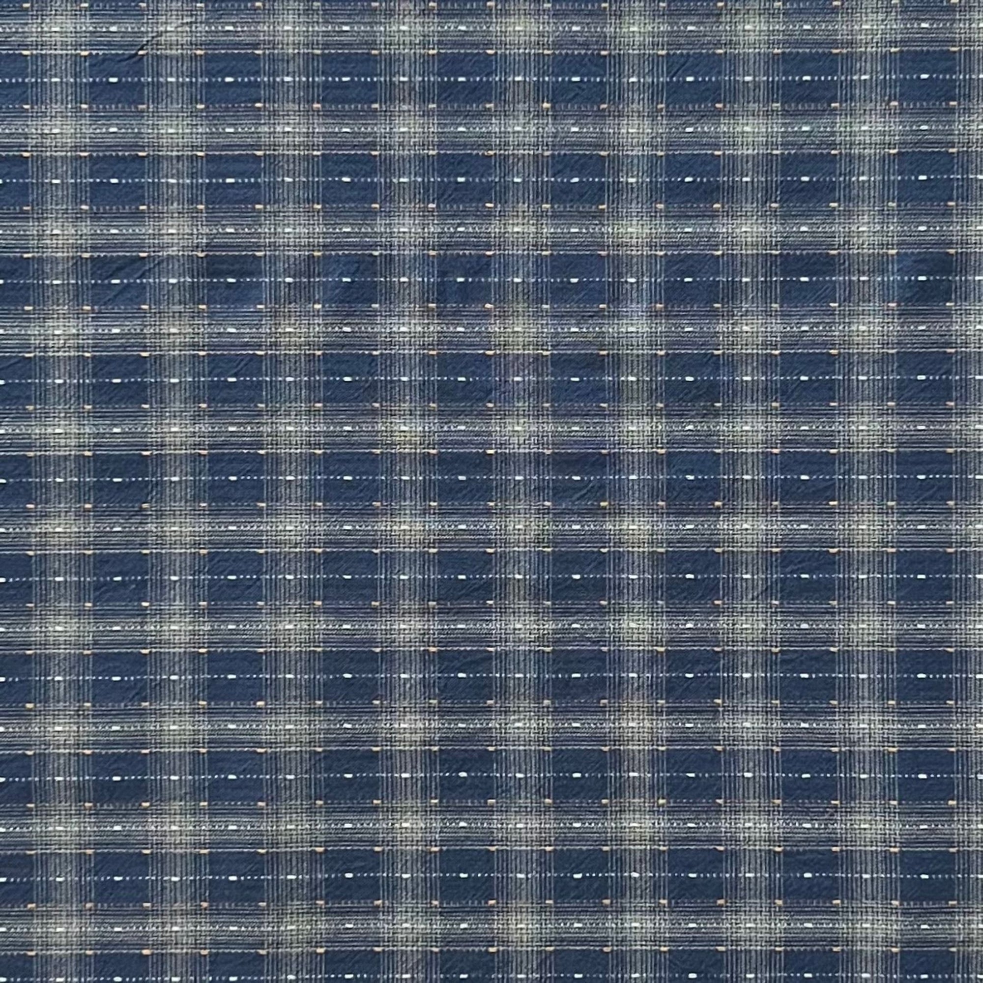 Blue with Orange Stitch Plaid - Yarn-Dyed Fabric - $37 Per Metre