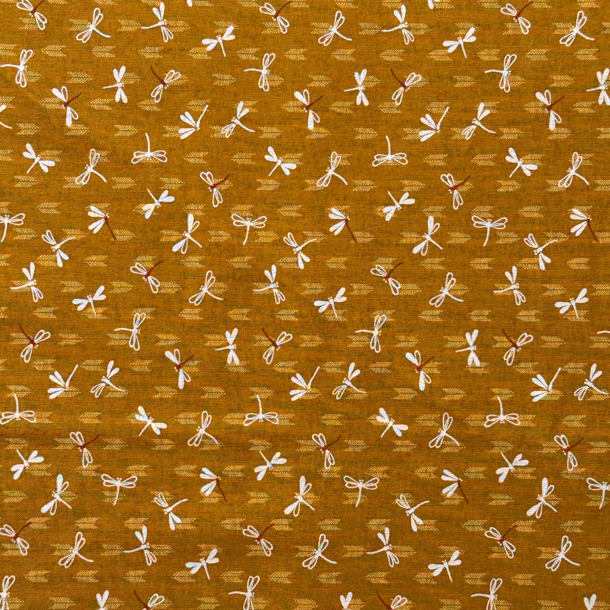 Mustard Dragonfly Frenzy - Cotton Print Fabric - $30 Per Metre