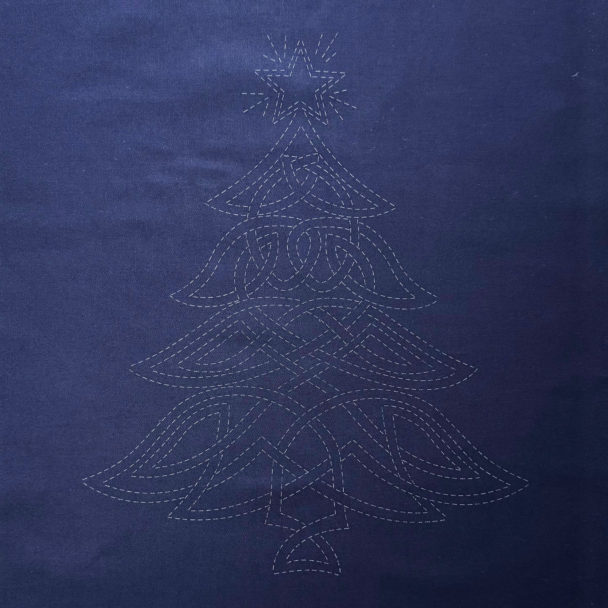 Celtic Christmas Tree Pre-Printed Sashiko Panel Indigo