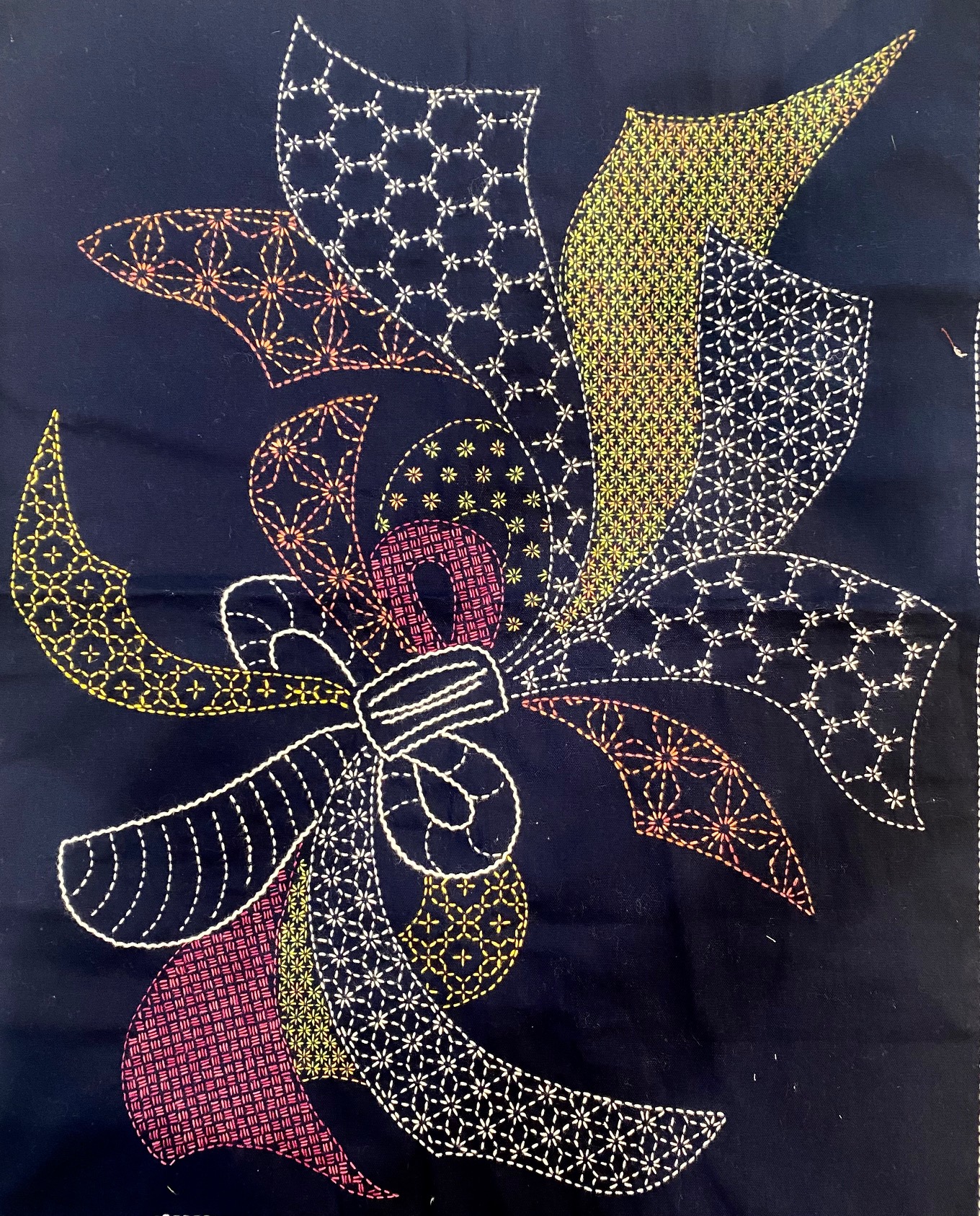 Sashiko fabric panel with eight patterns, indigo blue