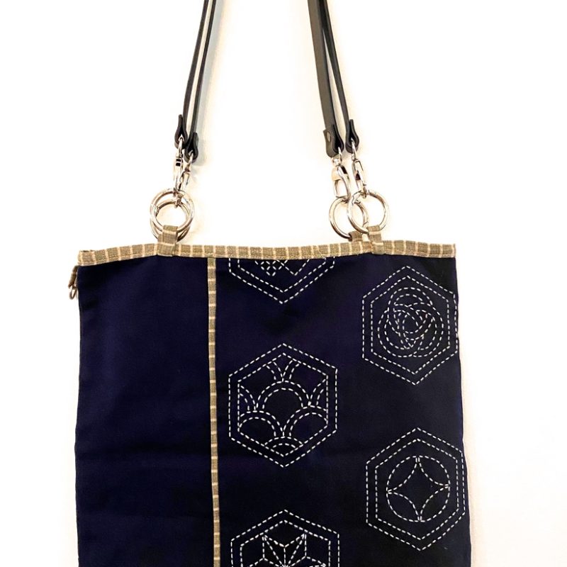 sashiko tote bag with leather handles