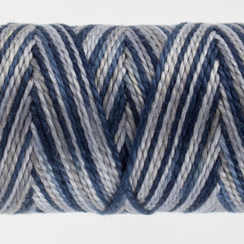 closeup of variegated perle cotton thread blue colours