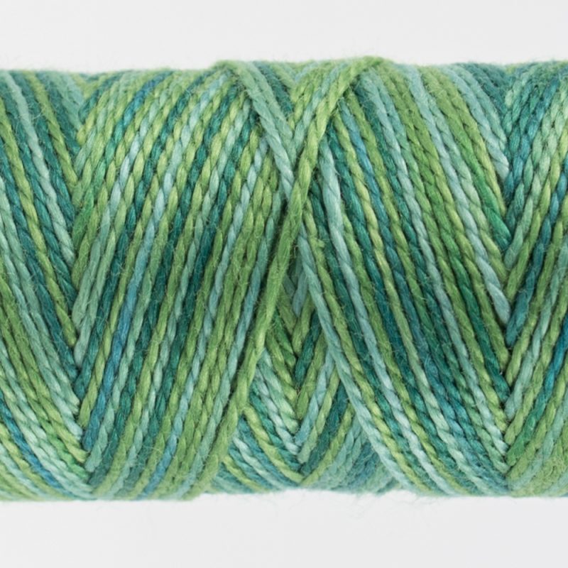 closeup of variegated perle cotton thread aqua green colours