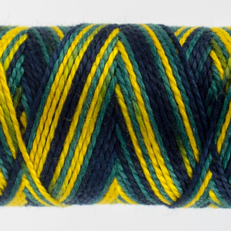 closeup of variegated perle cotton thread navy green yellow