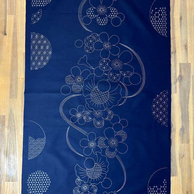 Cotton sashiko fabric with wash-out hemp leaf pattern, blue